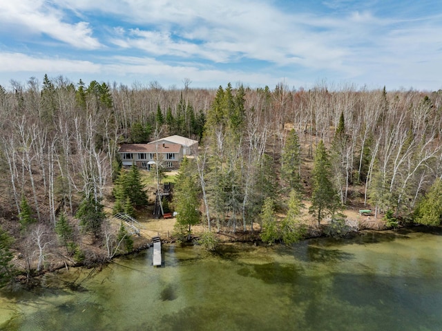 bird's eye view with a wooded view