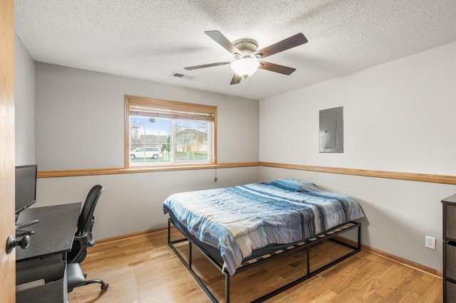 664 Highland Trl, Lino Lakes, MN 55014 - bedroom with electric panel, wood finished floors, an office area, a textured ceiling, and ceiling fan