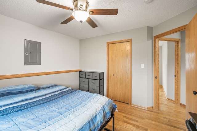 664 Highland Trl, Lino Lakes, MN 55014 - bedroom with electric panel, light wood-style floors, a textured ceiling, a ceiling fan, and a closet