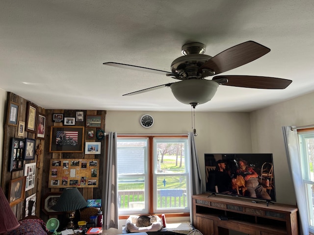 interior space with a ceiling fan and a textured ceiling