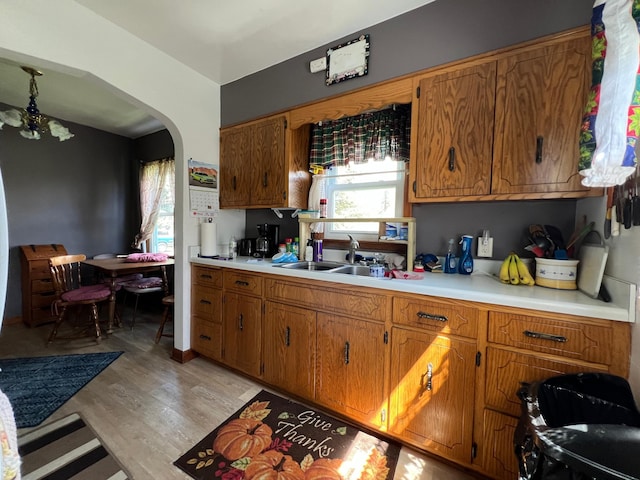 kitchen with light wood-type flooring, a wealth of natural light, light countertops, and brown cabinets