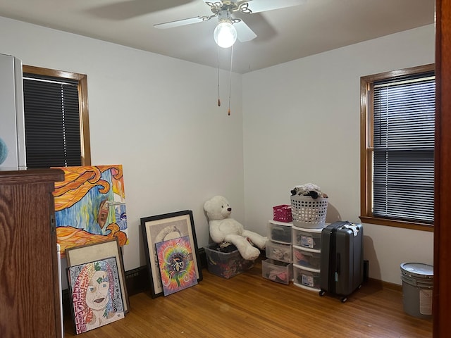 playroom featuring wood finished floors and ceiling fan