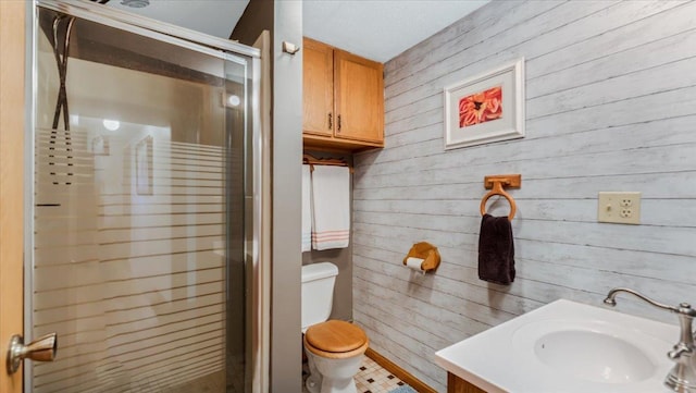 7355 Little Mary Cir SW, Alexandria, MN 56308 - full bathroom with wooden walls, a shower stall, toilet, and vanity