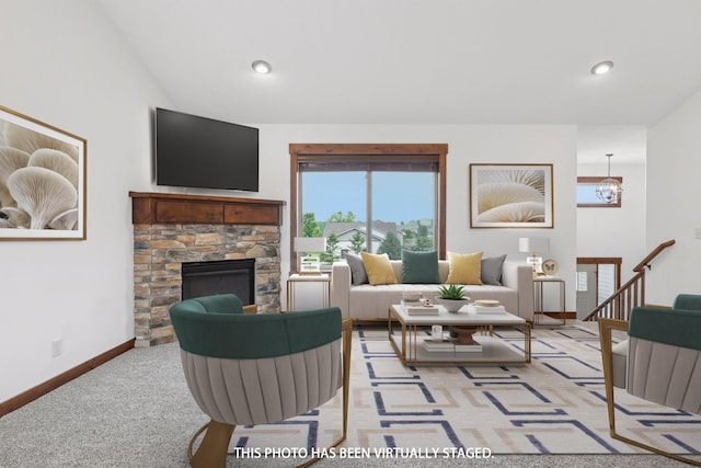 116 Wheat Field Ln, New Richmond, WI 54017 - living area with lofted ceiling, a fireplace, and recessed lighting