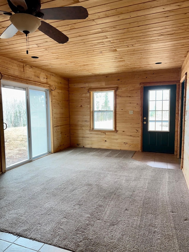 52325 County Road 31, Wirt, MN 56688 - spare room featuring a healthy amount of sunlight, wooden ceiling, wooden walls, and light colored carpet
