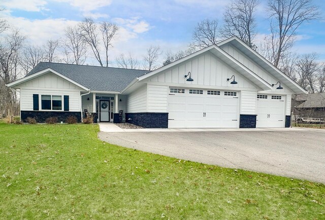 view of front of house with board and batten siding, a shingled roof, and stone siding