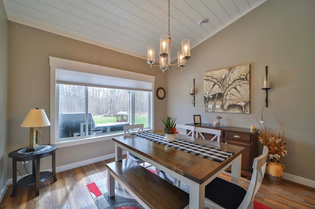 dining area with an inviting chandelier, baseboards, wood finished floors, lofted ceiling, and wood ceiling