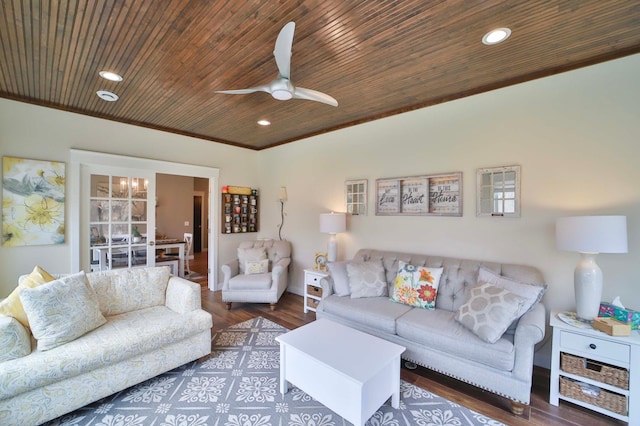 living room featuring recessed lighting, a ceiling fan, wood ceiling, and crown molding