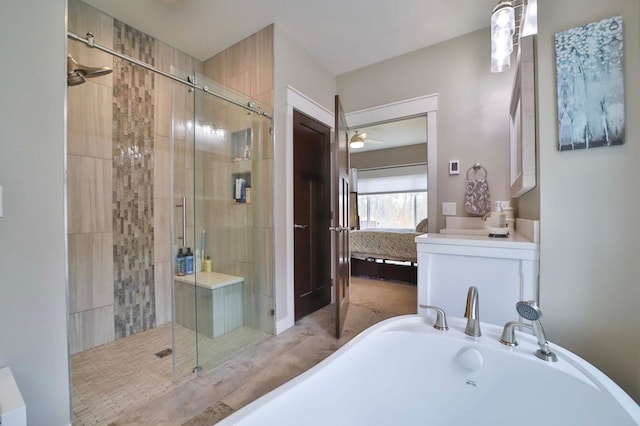 full bathroom featuring connected bathroom, ceiling fan, a stall shower, and a washtub