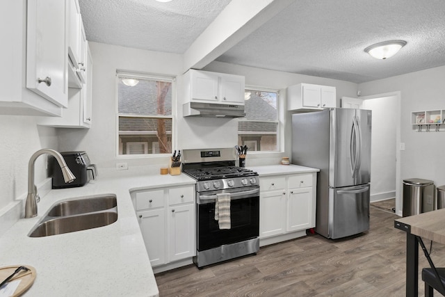 kitchen featuring a sink, appliances with stainless steel finishes, under cabinet range hood, and a textured ceiling