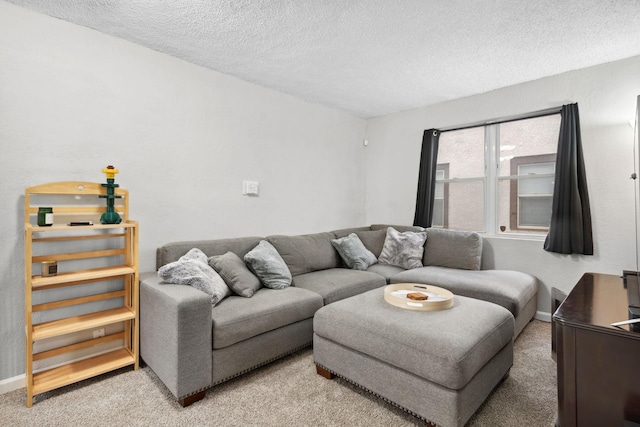 living room with baseboards, carpet flooring, and a textured ceiling