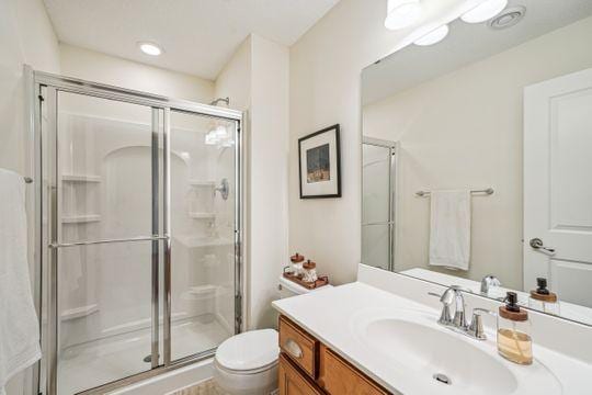 bathroom featuring a shower stall, toilet, and vanity