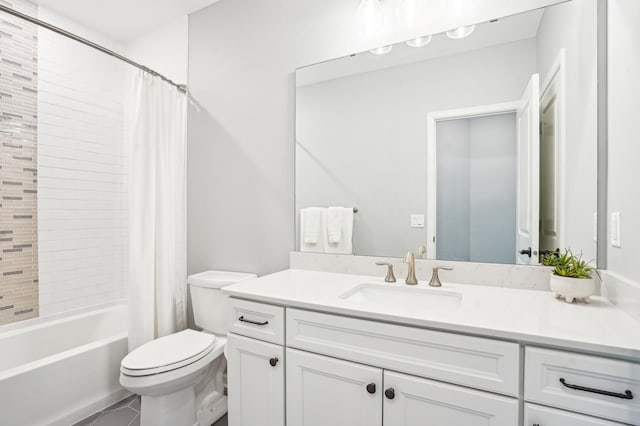 11504 Yuma Ln N, Dayton, MN 55369 - bathroom featuring toilet, vanity, shower / tub combo, and tile patterned flooring