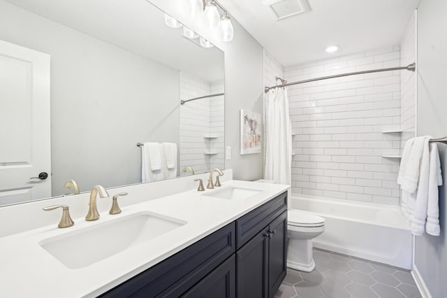 11504 Yuma Ln N, Dayton, MN 55369 - full bath with tile patterned flooring, shower / tub combo with curtain, toilet, and double vanity