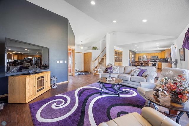 living area with stairway, recessed lighting, vaulted ceiling, and dark wood finished floors