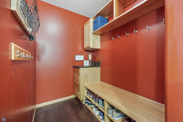 mudroom featuring baseboards, dark wood finished floors, and a textured ceiling