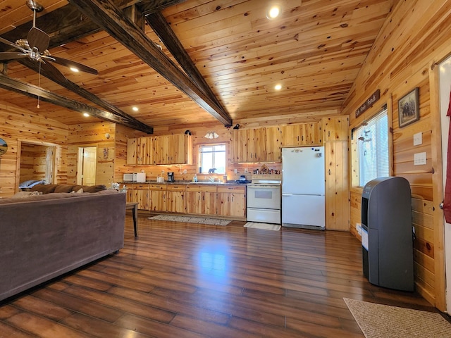 5227 Hyland Rd SW, Motley, MN 56466 - kitchen with light brown cabinetry, white appliances, wood walls, wooden ceiling, and beamed ceiling