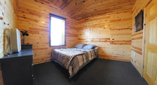 5227 Hyland Rd SW, Motley, MN 56466 - bedroom with wooden ceiling, vaulted ceiling, wood walls, and dark carpet