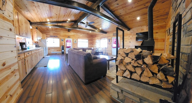 5227 Hyland Rd SW, Motley, MN 56466 - living area with a wood stove, dark wood finished floors, wooden ceiling, wooden walls, and vaulted ceiling with beams