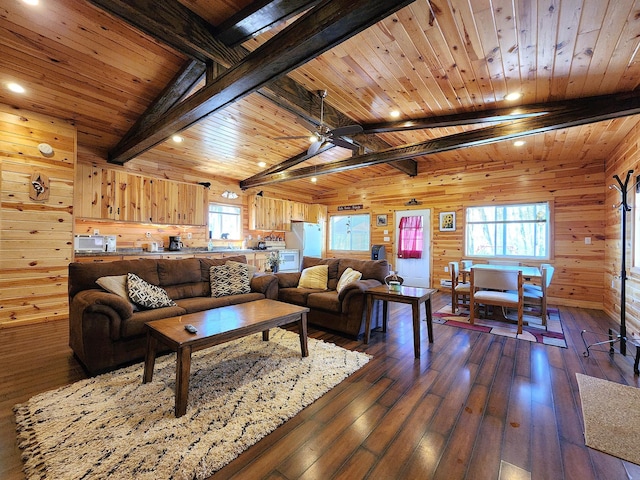 5227 Hyland Rd SW, Motley, MN 56466 - living room with wooden walls, wood ceiling, recessed lighting, and dark wood-style flooring