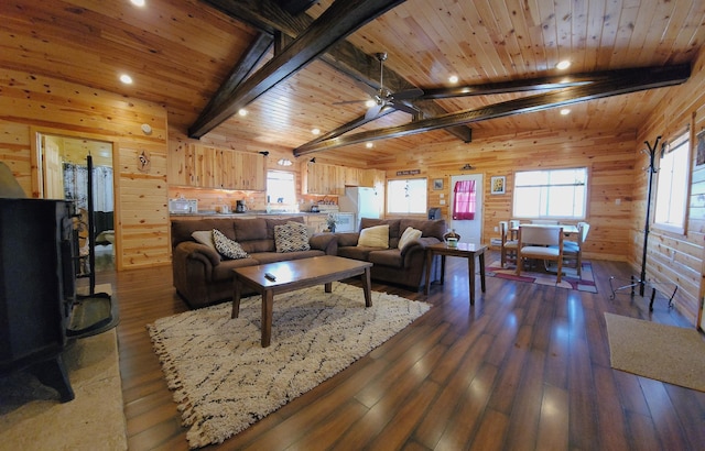 5227 Hyland Rd SW, Motley, MN 56466 - living room featuring wood-type flooring, wooden walls, recessed lighting, vaulted ceiling with beams, and wood ceiling