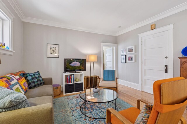 living area with baseboards, ornamental molding, and wood finished floors