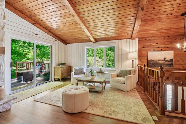 living room with wood ceiling, wood walls, and wood finished floors