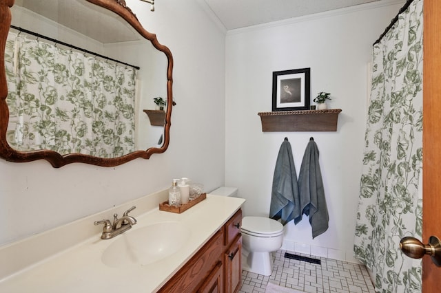 3021 Devon Ln, Mound, MN 55364 - full bathroom featuring toilet, vanity, crown molding, tile patterned flooring, and a shower with shower curtain