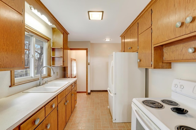 kitchen featuring brown cabinetry, a sink, light countertops, baseboards, and white appliances