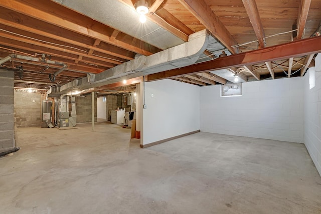 below grade area with separate washer and dryer, heating unit, and water heater