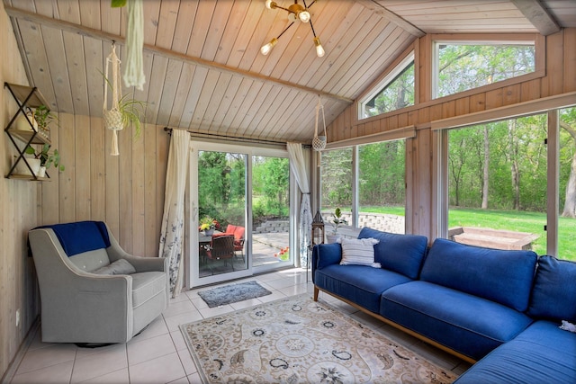 12720 Parkwood Dr, Burnsville, MN 55337 - tiled living area featuring vaulted ceiling, wood walls, and wood ceiling