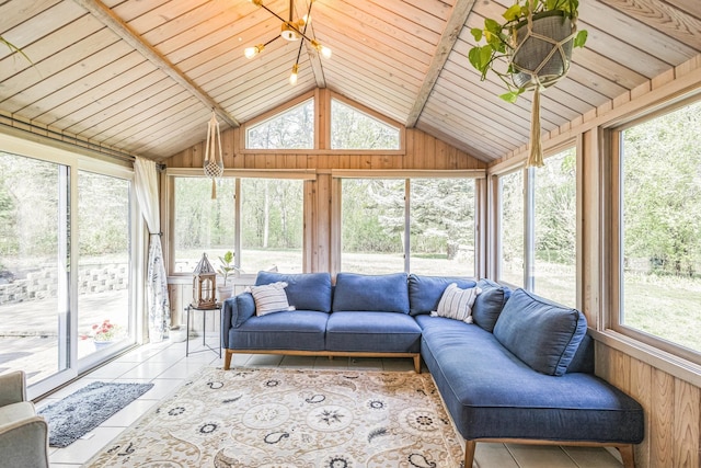 12720 Parkwood Dr, Burnsville, MN 55337 - sunroom with an outdoor living space, lofted ceiling, tile patterned floors, wooden walls, and wood ceiling