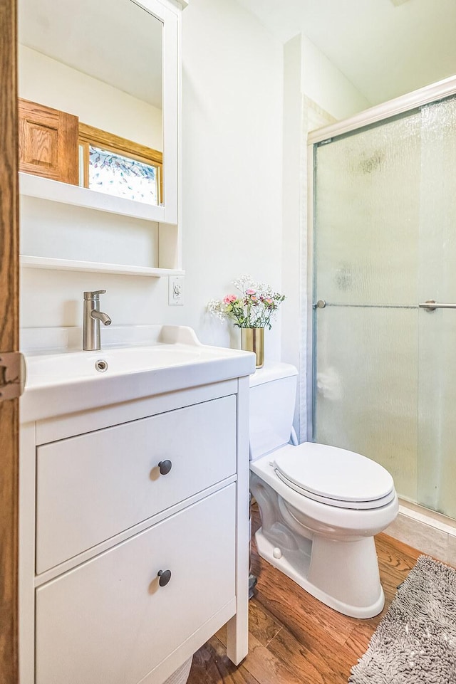 12720 Parkwood Dr, Burnsville, MN 55337 - bathroom featuring vanity, wood finished floors, toilet, and a stall shower