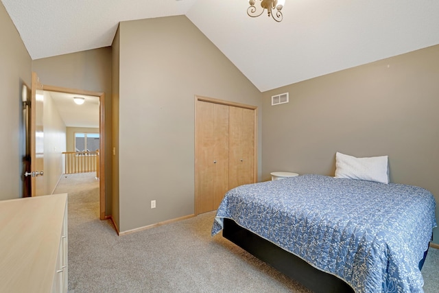 bedroom featuring light colored carpet, high vaulted ceiling, baseboards, visible vents, and a closet
