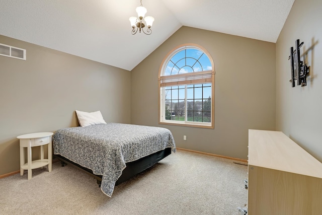 bedroom featuring visible vents, baseboards, carpet, and lofted ceiling