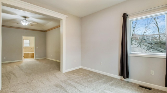 3219 Anric Dr, Eau Claire, WI 54701 - spare room featuring visible vents, ceiling fan, a wealth of natural light, and light colored carpet