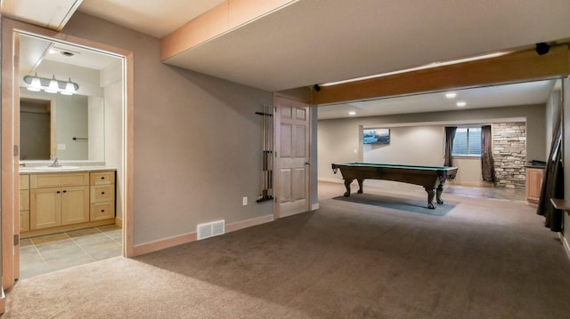 3219 Anric Dr, Eau Claire, WI 54701 - game room featuring visible vents, baseboards, billiards, light colored carpet, and a sink