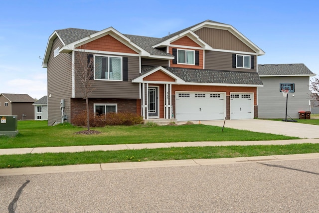 view of front of home featuring an attached garage, driveway, roof with shingles, and a front lawn