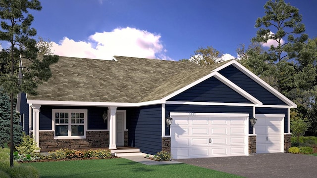 17232 Durham Dr, Lakeville, MN 55044 - view of front of home featuring a garage, a shingled roof, aphalt driveway, and stone siding