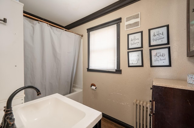 515 6th Ave, Grand Rapids, MN 55744 - full bathroom featuring radiator, crown molding, shower / bath combination with curtain, and vanity