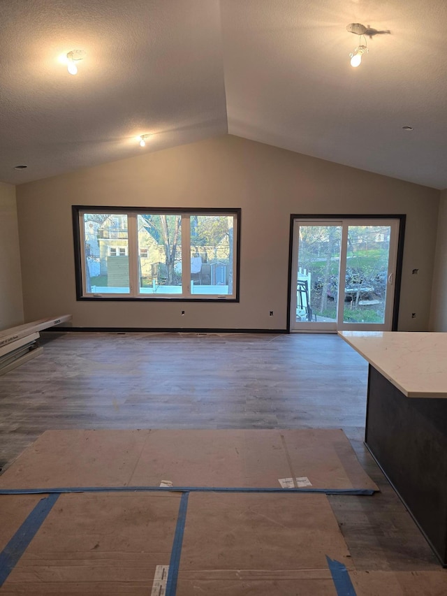 unfurnished living room featuring wood finished floors and lofted ceiling