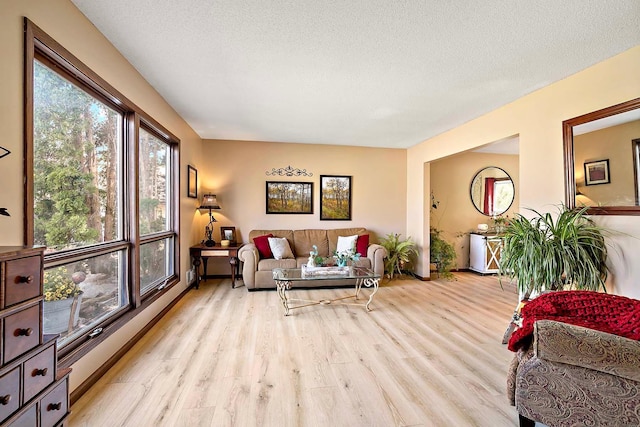 living area featuring a textured ceiling and light wood-type flooring
