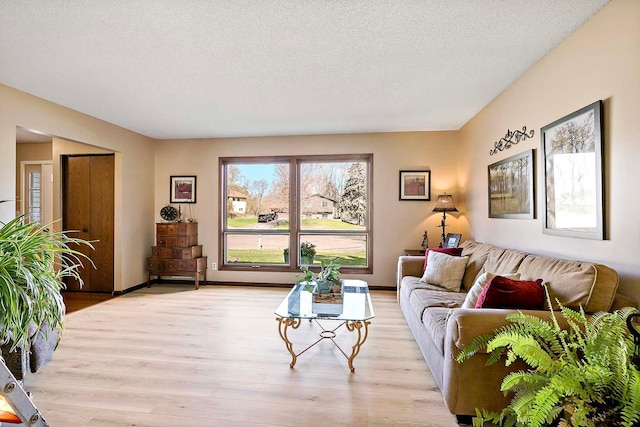 living room featuring light wood-style floors, a textured ceiling, and baseboards