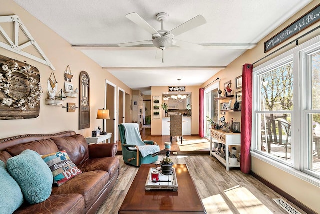 living room featuring baseboards, visible vents, wood finished floors, and ceiling fan with notable chandelier