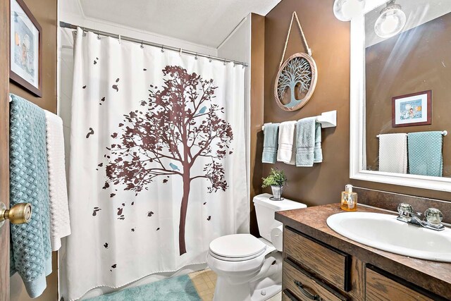 full bathroom featuring toilet, a shower with curtain, and vanity