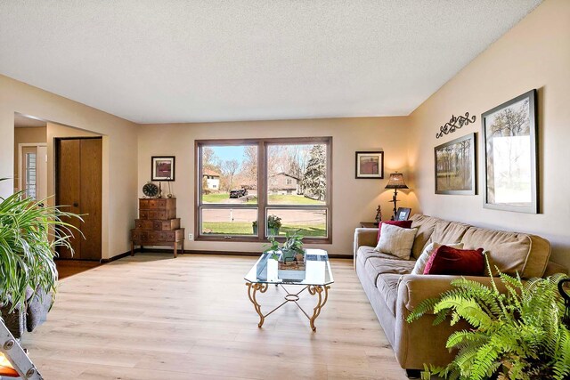 1713 James Pl, Burnsville, MN 55337 - living area with light wood-type flooring, a textured ceiling, and baseboards