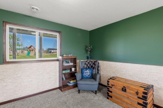 living area with a textured ceiling and carpet floors