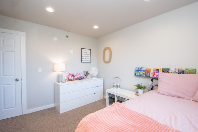 bedroom with baseboards, carpet, and recessed lighting