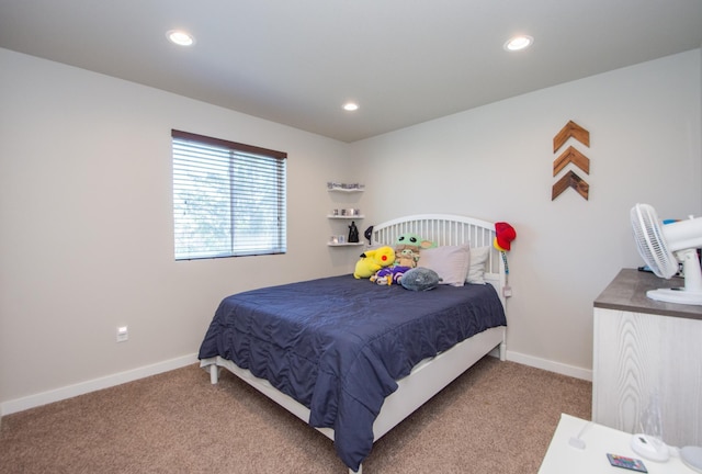 bedroom with carpet floors, recessed lighting, and baseboards
