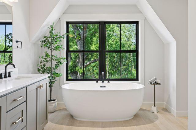 9399 Eagle Ridge Way, Chanhassen, MN 55317 - bathroom featuring vanity, a freestanding tub, and plenty of natural light